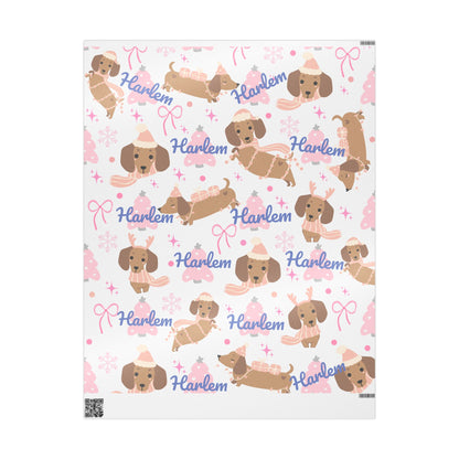 Personalized Pink Christmas Wrapping Paper – Custom Name Dachshund & Bow Holiday Gift Wrap