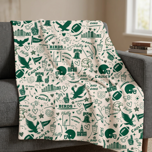 Custom Designed Philadelphia Eagles Sherpa Fleece Blanket – Vintage Team Icons Pattern