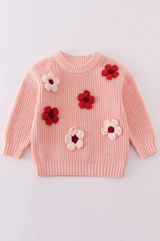 Girls Floral Embroidery Sweater | Pink Hand-Embroidered Jumper