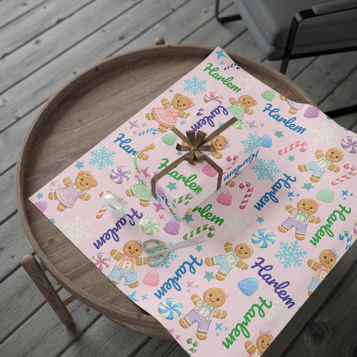 Personalized Pastel Gingerbread Bear Christmas Wrapping Paper | Custom Holiday Gift Wrap Roll for Kids & Girls | Cute Candy & Snowflake Gift Wrap