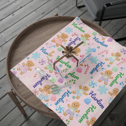 Personalized Pastel Gingerbread Bear Christmas Wrapping Paper | Custom Holiday Gift Wrap Roll for Kids & Girls | Cute Candy & Snowflake Gift Wrap
