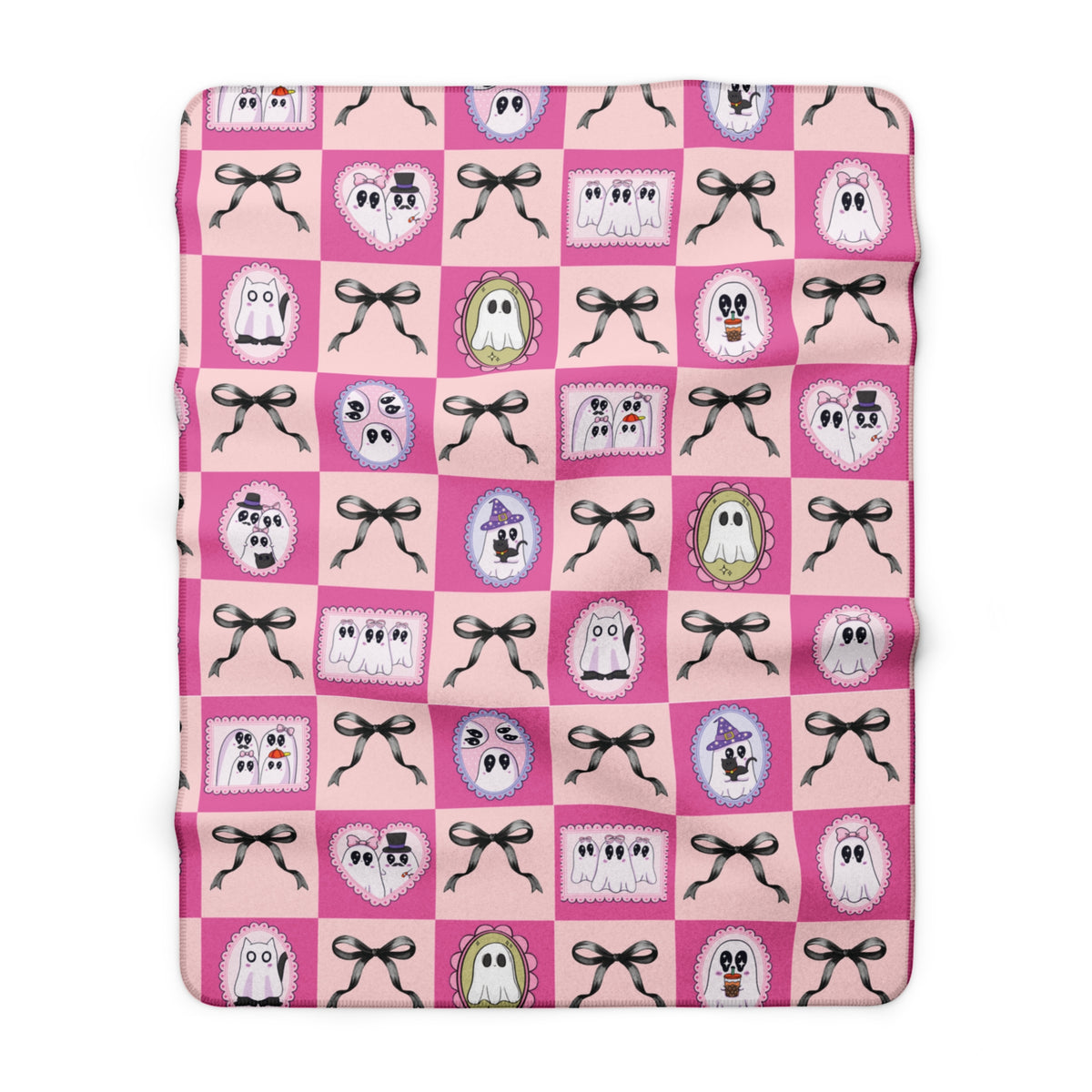 Pink Ghost Patchwork Sherpa Blanket - Cute Halloween Cozy Throw for Kids & Teens