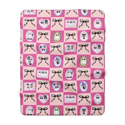 Pink Ghost Patchwork Sherpa Blanket - Cute Halloween Cozy Throw for Kids & Teens