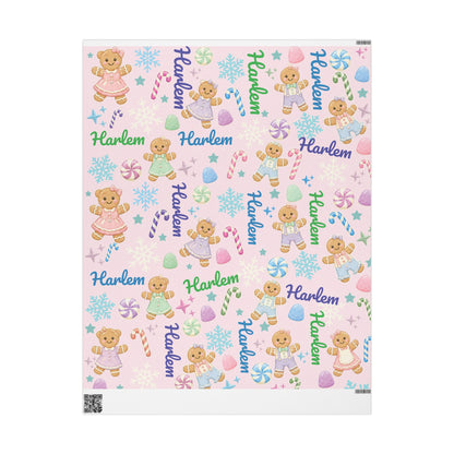 Personalized Pastel Gingerbread Bear Christmas Wrapping Paper | Custom Holiday Gift Wrap Roll for Kids & Girls | Cute Candy & Snowflake Gift Wrap