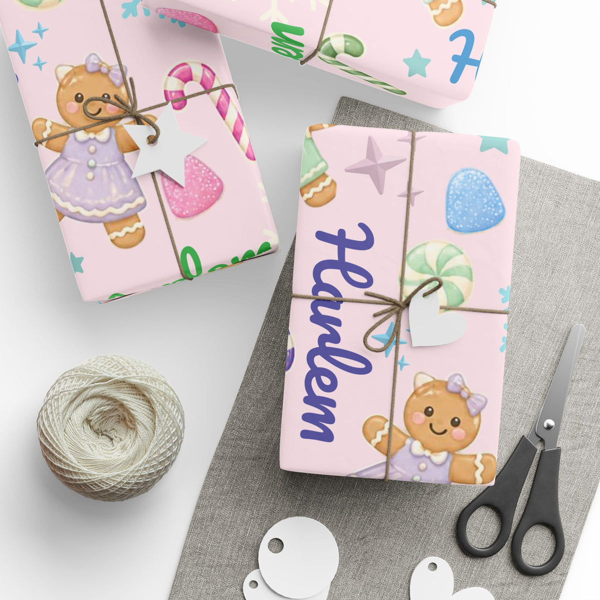 Personalized Pastel Gingerbread Bear Christmas Wrapping Paper | Custom Holiday Gift Wrap Roll for Kids & Girls | Cute Candy & Snowflake Gift Wrap