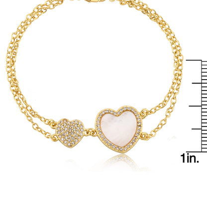 LMTS Classic! Cz Filled Flower & Mother of Pearl Heart Double Strand Chain Bracelet