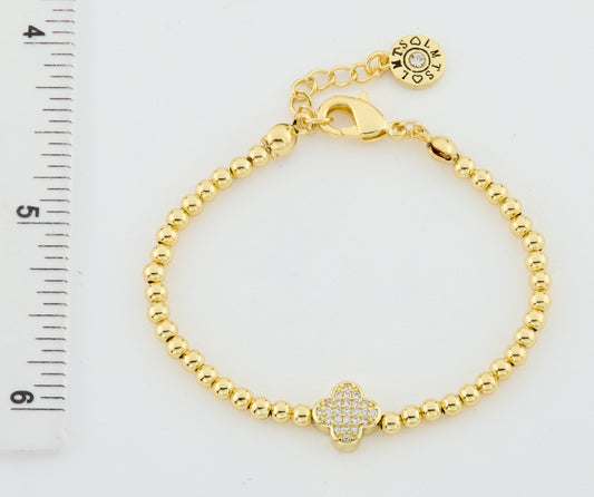 LMTS Classic! 14K Gold Plated Bead & Cz Clover Wire Bracelet