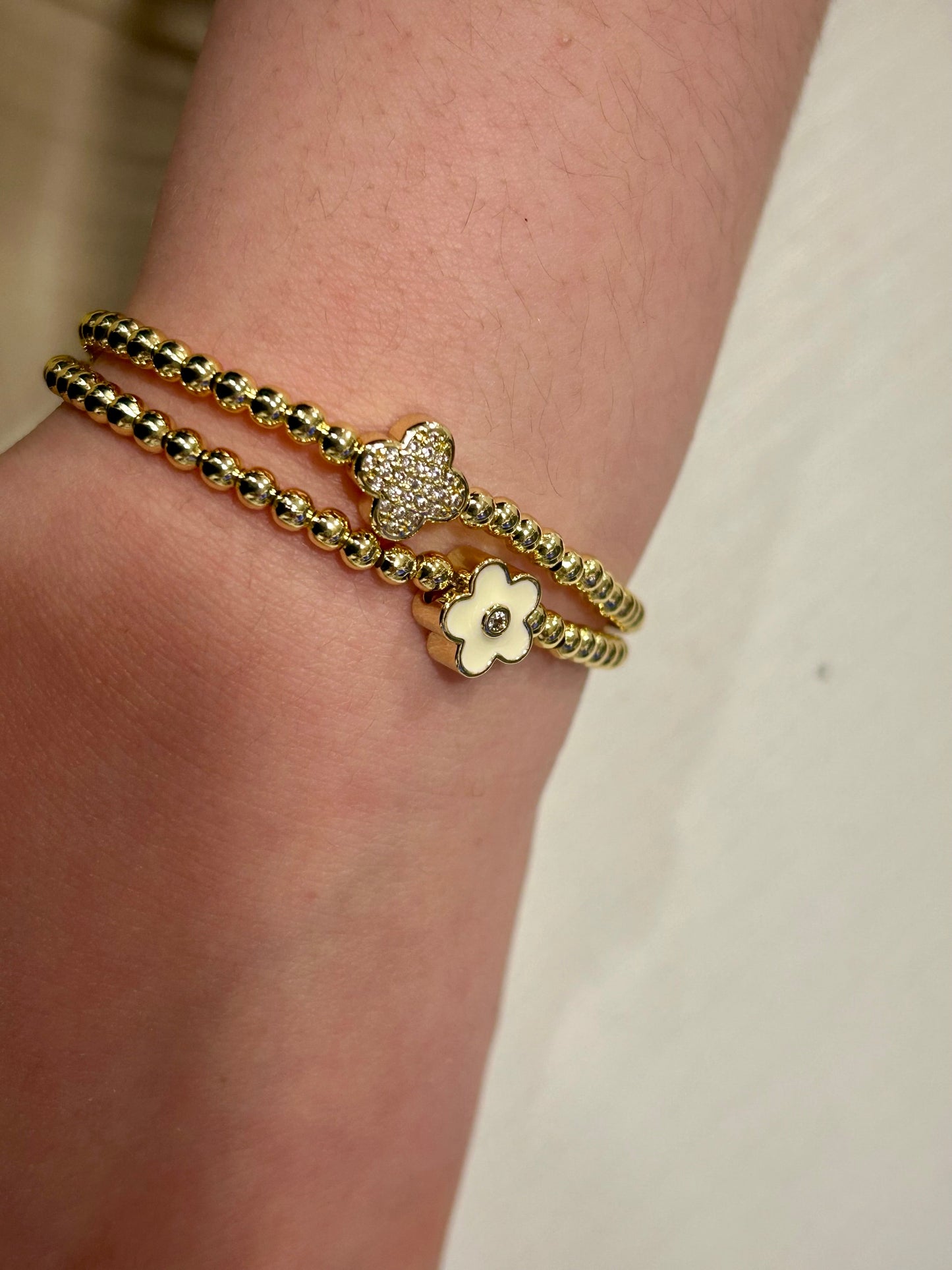 LMTS Classic! 14K Gold Plated Bead & Cz Clover Wire Bracelet