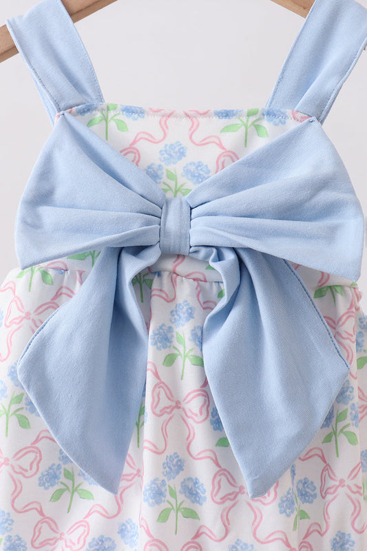Blue Hydrangea Bow Bubble Romper | Organic Baby Girl Outfit