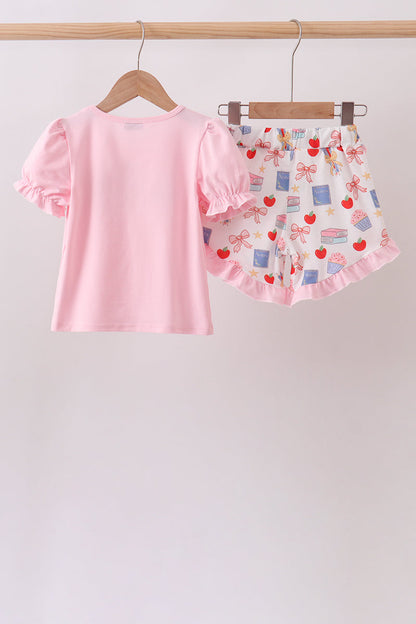 Pink Apple Embroidered Ruffle Set