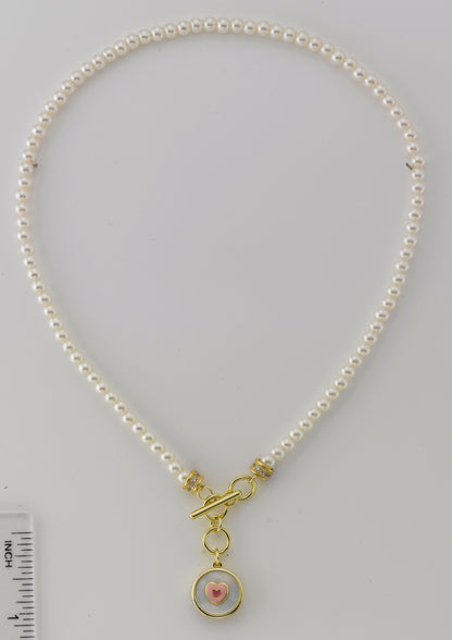 Mother Of Pearl Enamel Heart Pearl Necklace