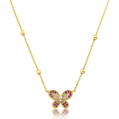 14K Gold Plated CZ Butterfly Pendant On Bead Station Necklace