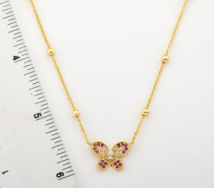 14K Gold Plated CZ Butterfly Pendant On Bead Station Necklace