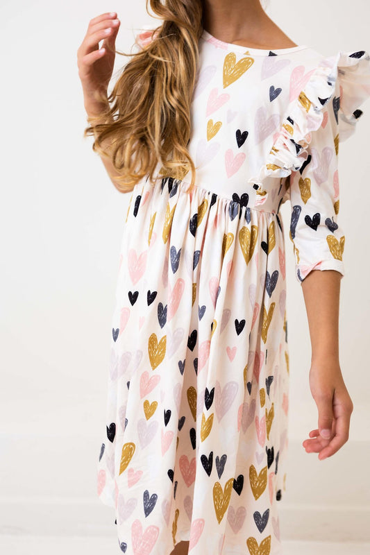 Girls Ruffle Twirl Dress | I Heart You 3/4 Sleeve Dress