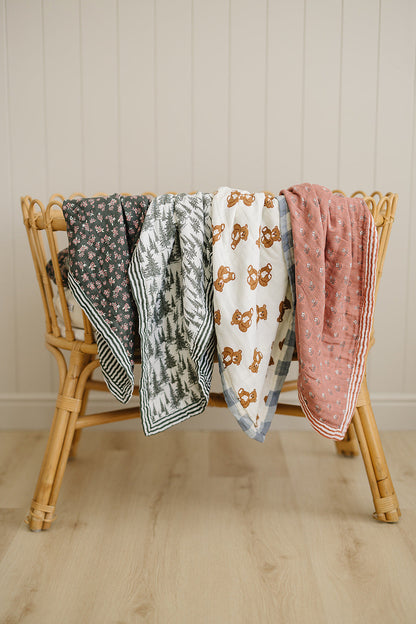 Olive Bloom + Green Stripes Muslin Quilt