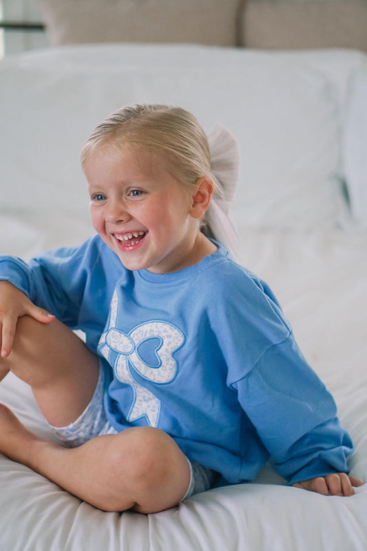 Blue Toile Applique Bow Baby Sweatshirt Romper & Crewneck | Kids Cozy Outfit